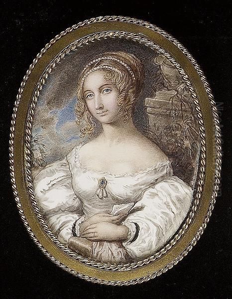 A Lady Of The Duffield Family Wearing White Dress, Gold Brooch Set With Blue Gem And Three Pendant Pearls At Her Corsage, Strands Of Pearls In Her Unswept Hair Oil Painting by Grace Cruickshank