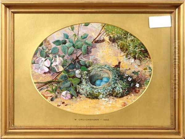 Still Life Of A Bird's Nest And Flowers On A Mossy Bank Oil Painting by William Cruickshank