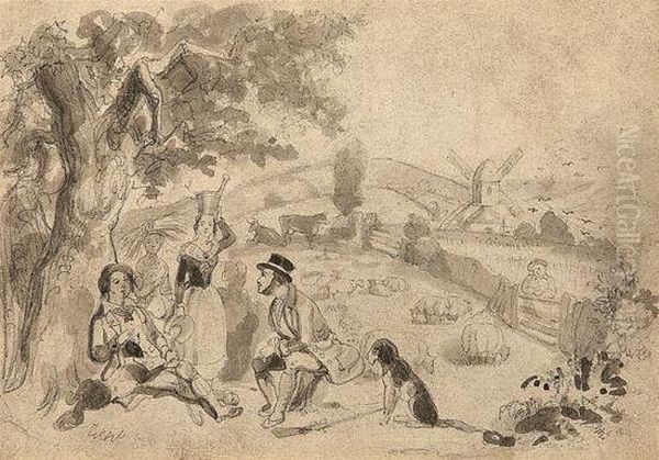 Bucolic Landscape With Figures Oil Painting by I. Robert and George Cruikshank