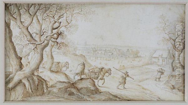 A Flemish Landscape With Travellers Oil Painting by Anthonie, Anton Crussens