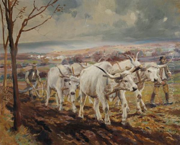 Oxen Ploughing Oil Painting by Karoly Cserna