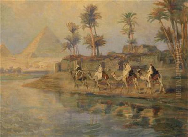 Scene Of The Pyramids Of Giza Oil Painting by Karoly Cserna