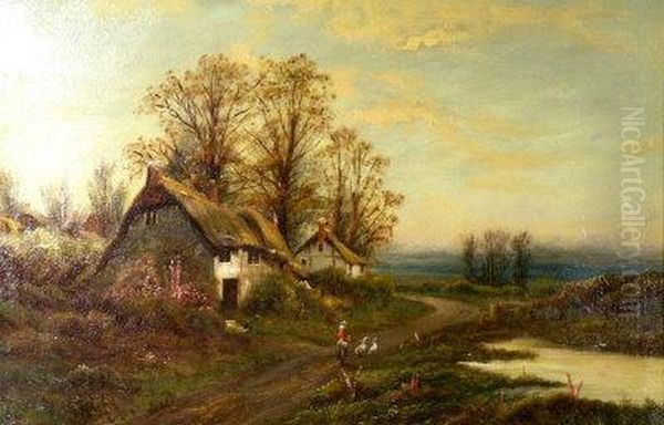 Thatched Cottages In A Wooded Landscape Oil Painting by W.W. Cuffyn