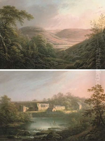 View From Marske Edge; And View Of Easby Ruins Oil Painting by George Cuitt