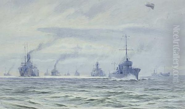 A Wartime Convoy Under Destroyer Escort Oil Painting by Alma Claude Burlton Cull