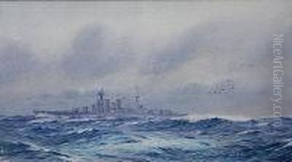 Hms Hood In The Atlantic Oil Painting by Alma Claude Burlton Cull