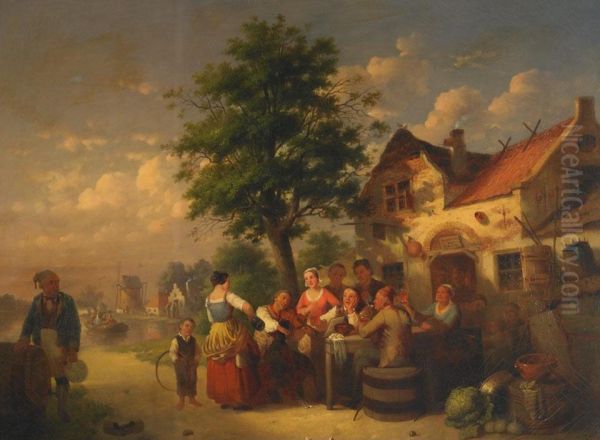 Village Merrymakers Outside A Dutch Tavern Oil Painting by Johann Mongels Culverhouse