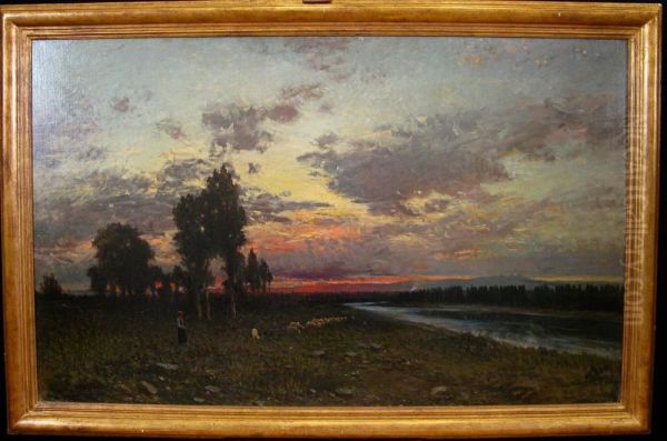 Pastori Con Gregge Al Tramonto Oil Painting by Ettore Cumbo