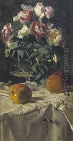 Natura Morta Con Rose E Mele Oil Painting by Ettore Cumbo