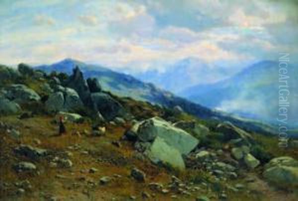 Scorcio Di Paesaggio Con Contadinella Oil Painting by Ettore Cumbo