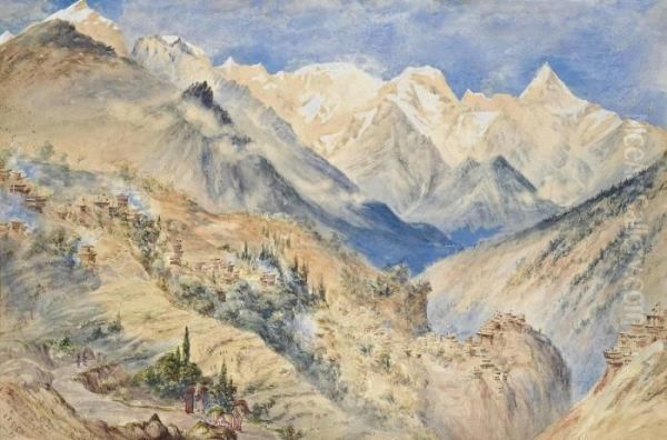 The Khylas Peaks And Village Of Pangi Three Miles Above Chine On The Sutledge Oil Painting by Constance Fredericka Cumming