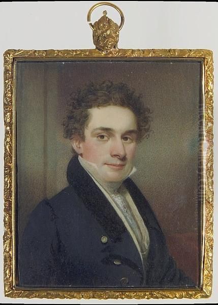 A Gentleman, Wearing Black Coat With Velvet Collar, Cream Waistcoat, White Chemise And Cravat Held With Stickpin. Oil Painting by Thomas Seir Cummings