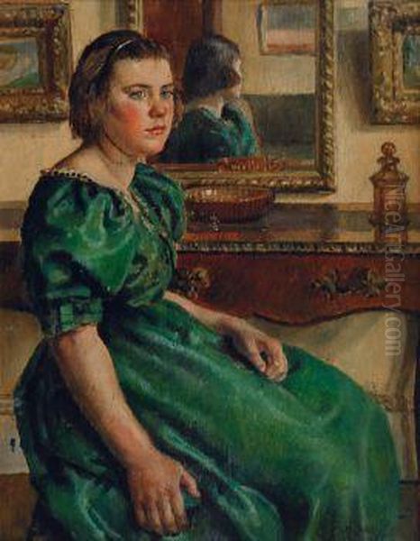 Madchen In Grunem Kleid Oil Painting by Nora Lucy Mowbray Cundell