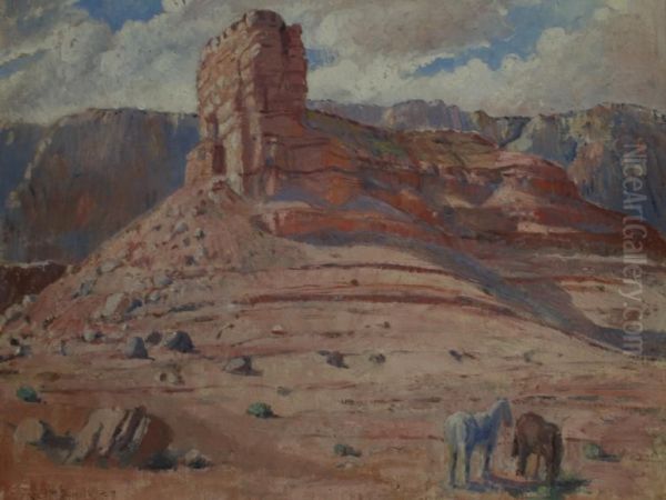 Scene In The Arizona Desert, Horses Grazing Oil Painting by Nora Lucy Mowbray Cundell