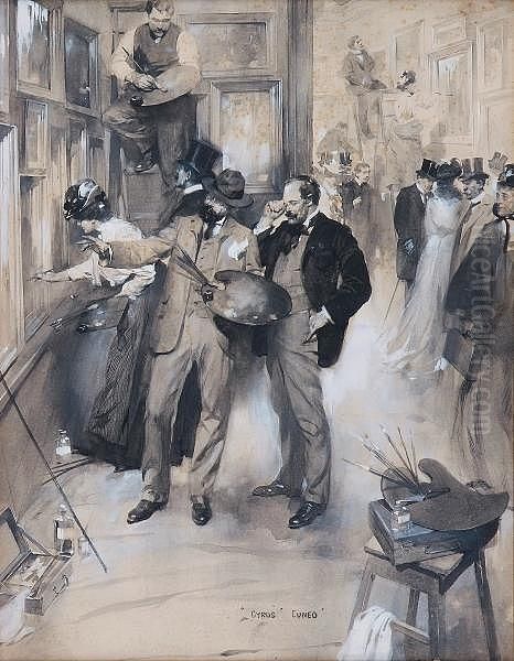 Varnishing Day At The Academy, Signed,monochrome Watercolour Heightened With White Oil Painting by Cyrus Cuneo