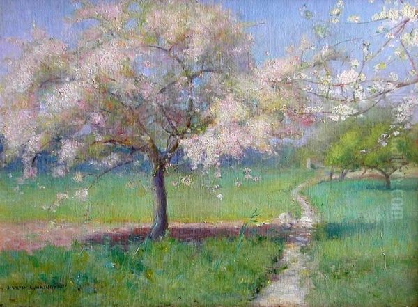 Apple Trees In Full Pink Blossom In A Verdant Field Oil Painting by John Wilton Cunningham