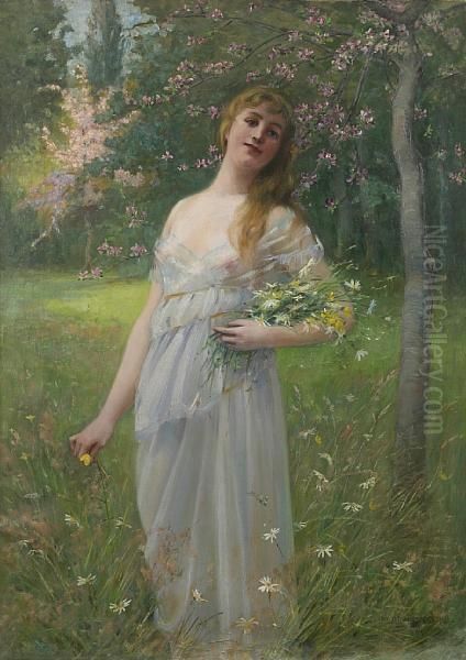 A Lady In An Orchard Oil Painting by John Wilton Cunningham