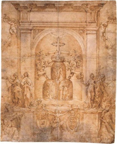 Disegno Per Stendardo Religioso Con Varie Figure Allegoriche E Santi Oil Painting by Francesco Curia