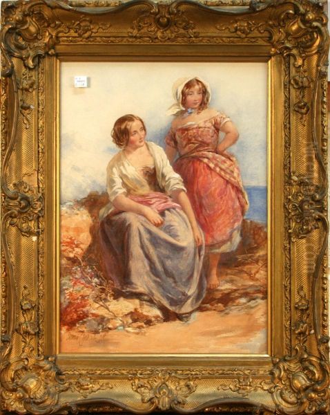 Portrait Of Two Young Femalefisherfolk In A Coastal Landscape Oil Painting by James Curnock