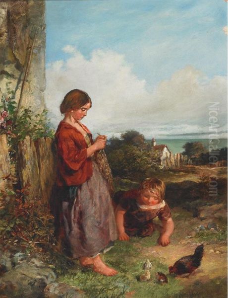 Playing With Chicks By The Sea Oil Painting by James Curnock