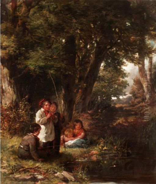 Children Angling Oil Painting by James Curnock