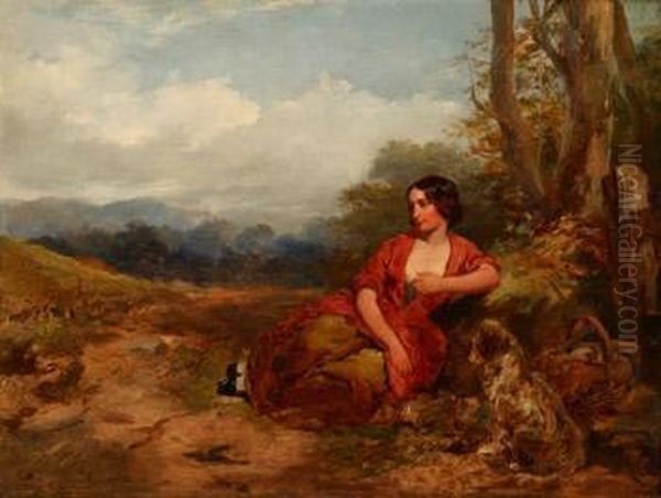 Young Girl Resting With Her Dog Beside A Tree Oil Painting by James Curnock