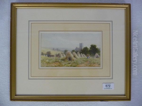 Summer Landscape With Figures Harvesting Amongst Corn Stooks Oil Painting by James Jackson Curnock