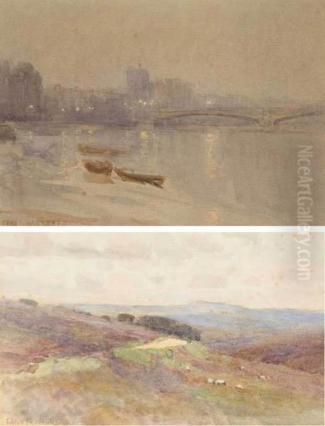 Thames Embankment And Sheep Grazing On A Mountain Oil Painting by Fanny W. Currey