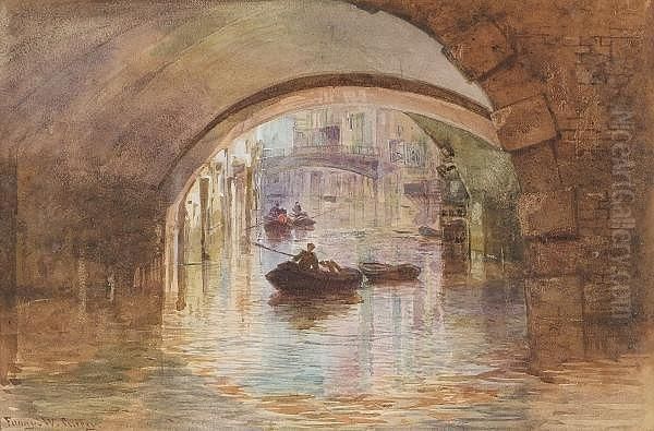 Venice Scene With Boatmen Under Arches Oil Painting by Fanny W. Currey