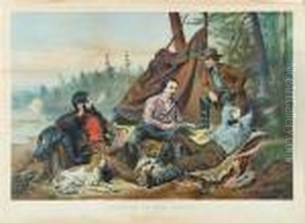 Camping In The Woods, Laying Off Oil Painting by Currier & Ives Publishers