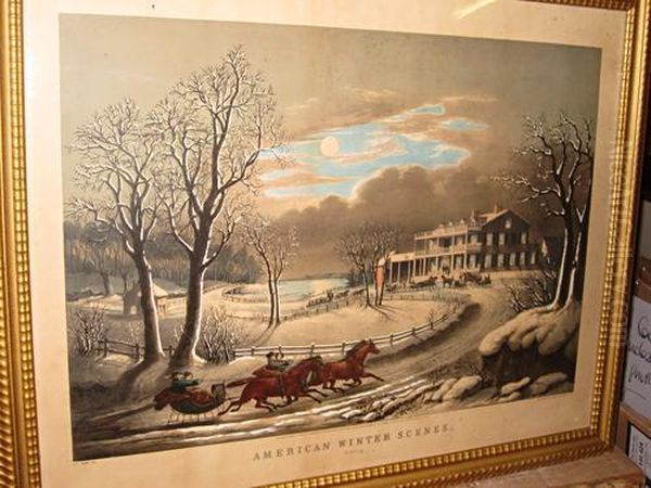 North American Winter Scenes. Evening. Oil Painting by Edward Wilson Currier