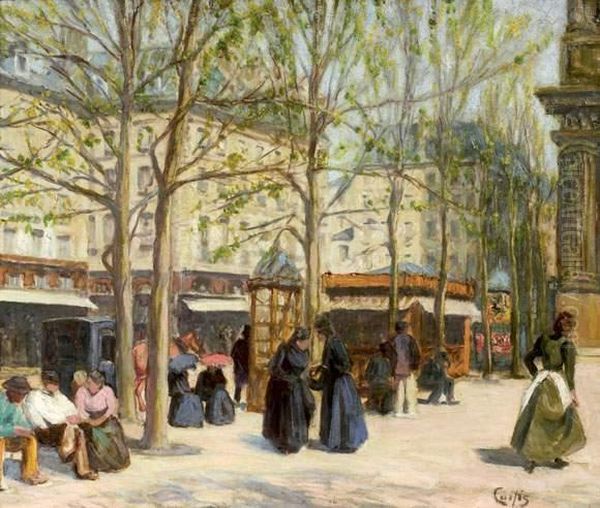 Ecole Americaine, Place Saint-michel Oil Painting by George Curtis