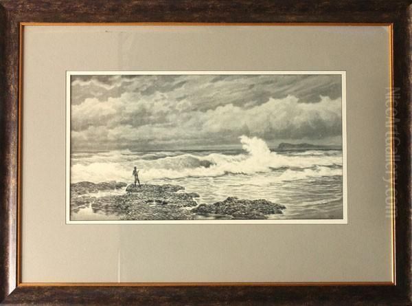 Lone Fisherman And Rocky Coast Oil Painting by James Waltham Curtis