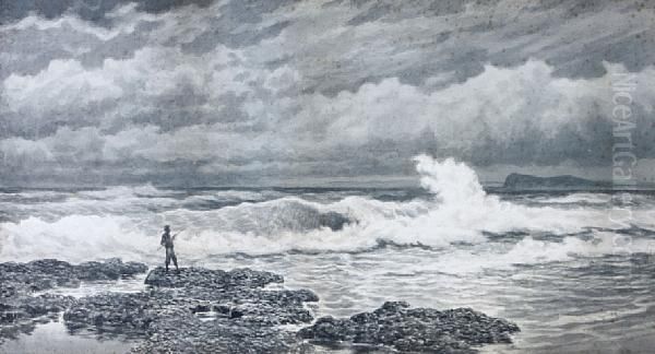 A Rocky Coastal Scene; Also A Fisherman On The Coast Oil Painting by James Waltham Curtis