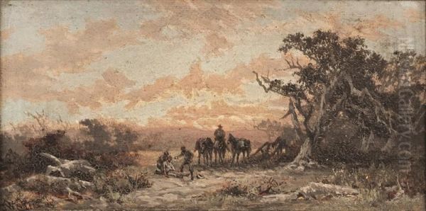 Rural Scene, Men And Horses Oil Painting by James Waltham Curtis