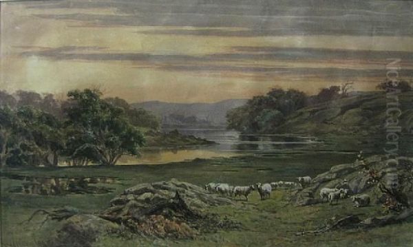 Sheep Grazing Oil Painting by James Waltham Curtis