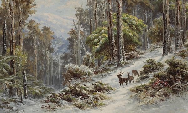 Snow In The High Country With Deer In The Foreground Oil Painting by James Waltham Curtis