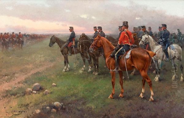 Militares A Caballo Oil Painting by Josep I Cusachscusachs