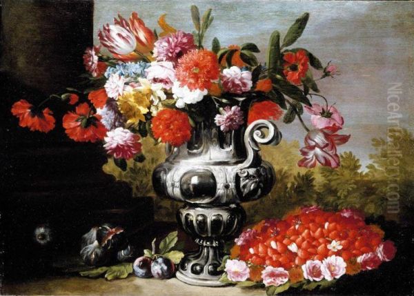 A Still Life, With Tulips, Carnations, Daffodils And Other Flowers In A Metallic Urn On A Stone Ledge, With Figs, Plums And A Bowl Of Strawberries Below Oil Painting by Gaetano Cusati