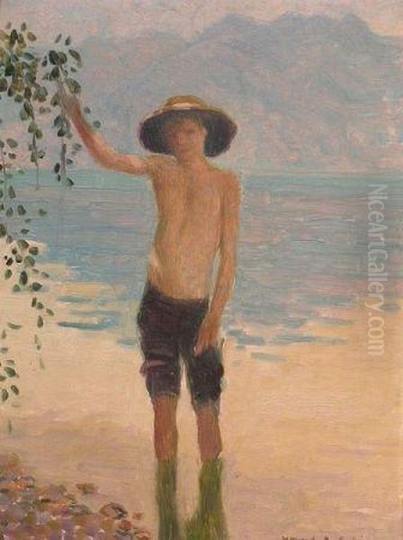 Boy Wading In River Oil Painting by Howard Gardiner Cushing