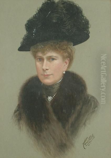 Portrait Bust Length Of Queen Mary, Wearing A Feathered Hat And A Coat With A Fur Collar Oil Painting by Cecil E.L. Cutler