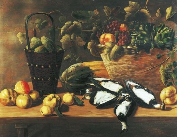 Still Life With Fruits, Vegetables And Birds On A Woodentable Oil Painting by Johannes Kuveenis I