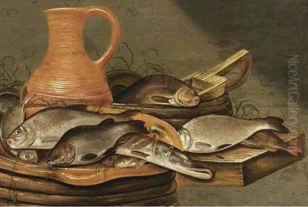 A Still Life With A Pike And Other Fish On A Strainer, With Anearthenware Jug, Fish And Other Kitchen Utensils, All On Woodenledge Oil Painting by Johannes Kuveenis I