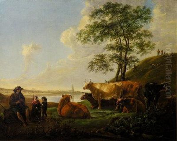 A Herdsman With Cattle In A Wooded River Landscape Oil Painting by Aelbert Cuyp