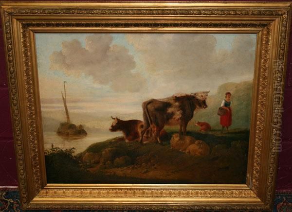 Flemish River Scene With Figure And Cattle And A Sailing Boat Beyond Oil Painting by Aelbert Cuyp