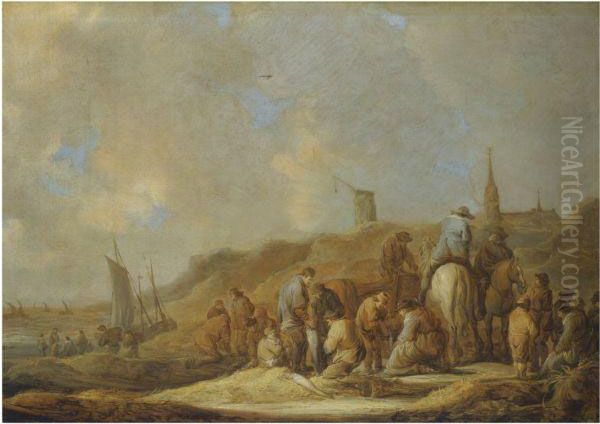 A Coastal Scene With Fishermen And Their Catch In The Sanddunes Oil Painting by Benjamin Gerritsz. Cuyp