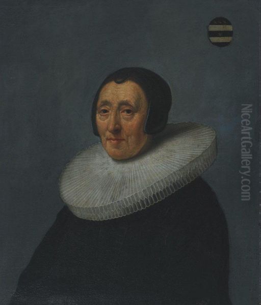 An Elderly Woman In A Cartwheel Ruff With Coat Ofarms Oil Painting by Jacob Gerritsz. Cuyp