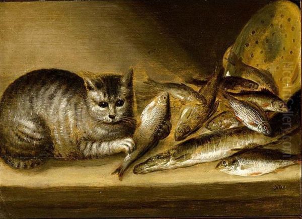 A Still Life With Fish, A Stone Ware 'zeef' And A Cat All On A Table Oil Painting by Cvq Monogrammist