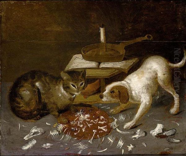 A Cat And A Dog Eating A Fishbone Oil Painting by Cvq Monogrammist