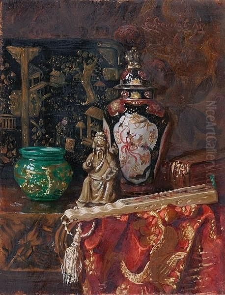 Still Life Of Oriental Artefacts, Signed, Oilon Panel Oil Painting by Ernst Czernotzky